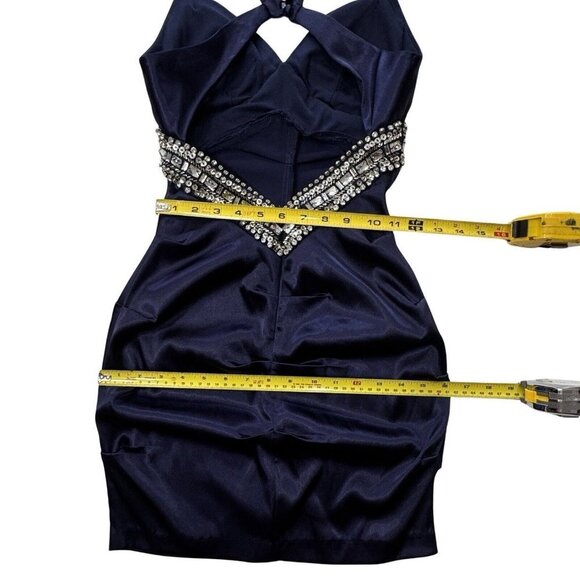 B. DARLEN BodyCon Skim Prom Dress Juniors Size 1/2 Navy Rhinestones Straps Party - Picture 11 of 13